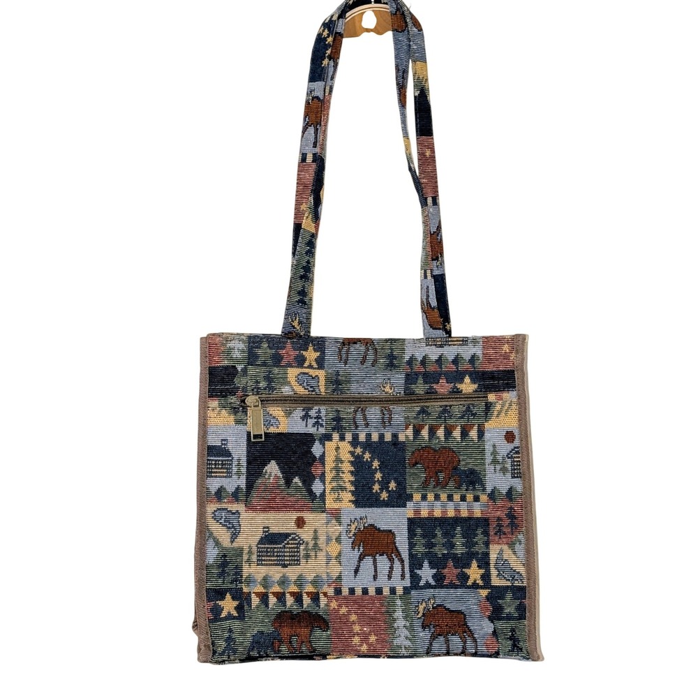 Vintage Tapestry Tote Bag Lodge Cabin Moose Bear Patchwork Shoulder Bag Multiuse
